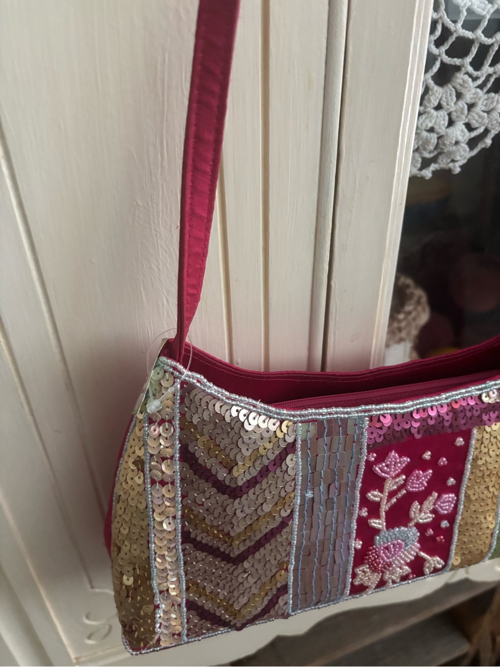 Sequined Patchwork Shoulder Bag  In Raspberry PLUS Gold Coin Purse Final Sale - Picture 4 of 13